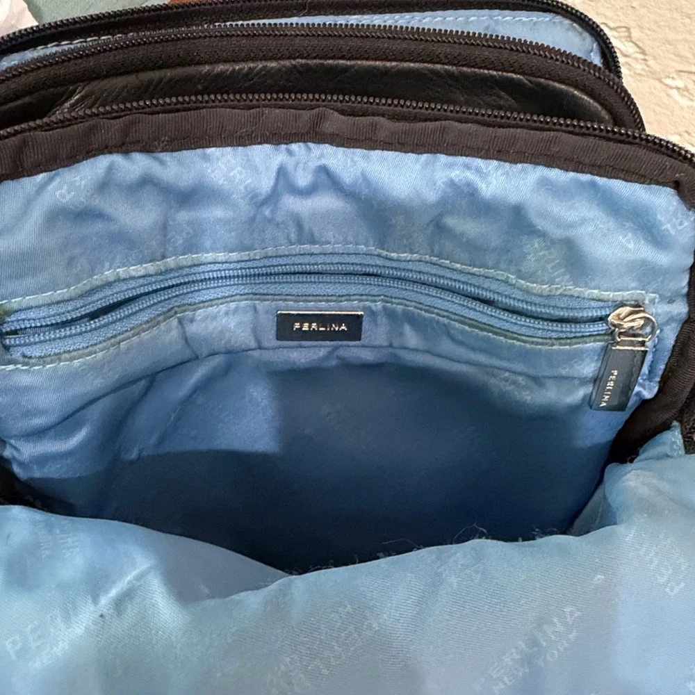 Perlina Black Leather Crossbody Messenger with Silver Accents